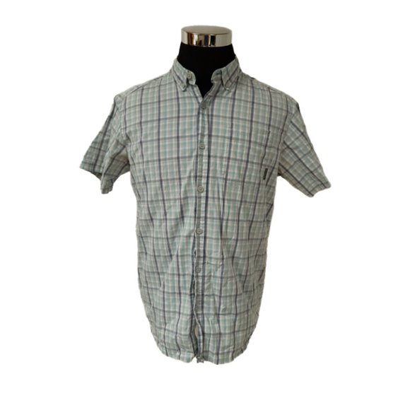 Columbia Mens Large Grey Blue Stripe Short Sleeve Button Up Shirt Hike Fish - Picture 1 of 12